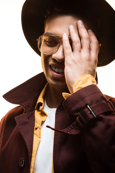 Stylish Mixed Race Man Hat Glasses Covering Face Hand Smiling — Stock Photo, Image