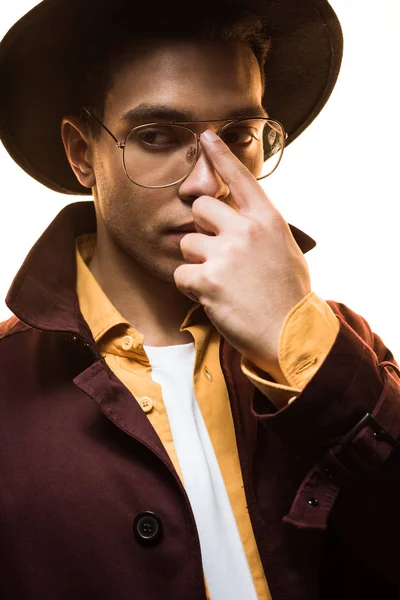 Stylish Mixed Race Man Hat Adjusting Glasses Isolated White — Stock Photo, Image