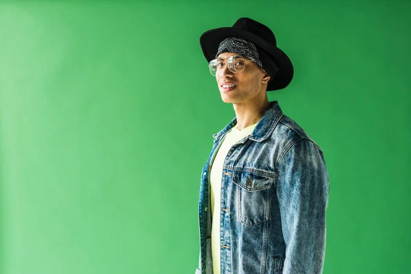 Stylish Mixed Race Man Looking Camera Smiling Green Screen Copy — Stock Photo, Image