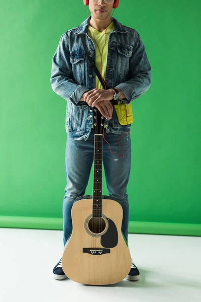 Cropped View Mixed Race Man Denim Posing Acoustic Guitar Green — Stock Photo, Image