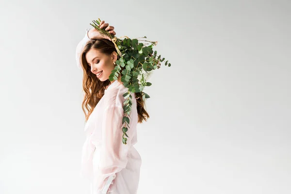 Cheerful Beautiful Girl Holding Flowers Green Eucalyptus Leaves Back White — Stock Photo, Image