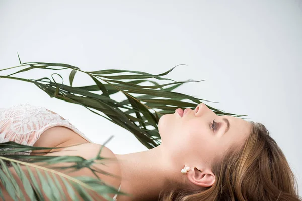 Side View Attractive Young Woman Lying Tropical Palm Leaves White — Stock Photo, Image