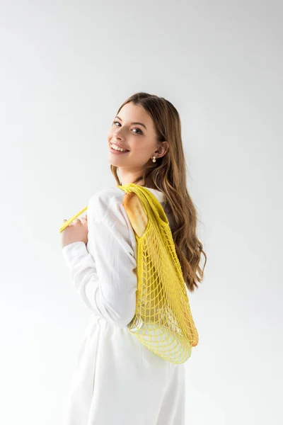 Happy Young Woman Holding Yellow String Bag Baguette Bottle Milk — Stock Photo, Image