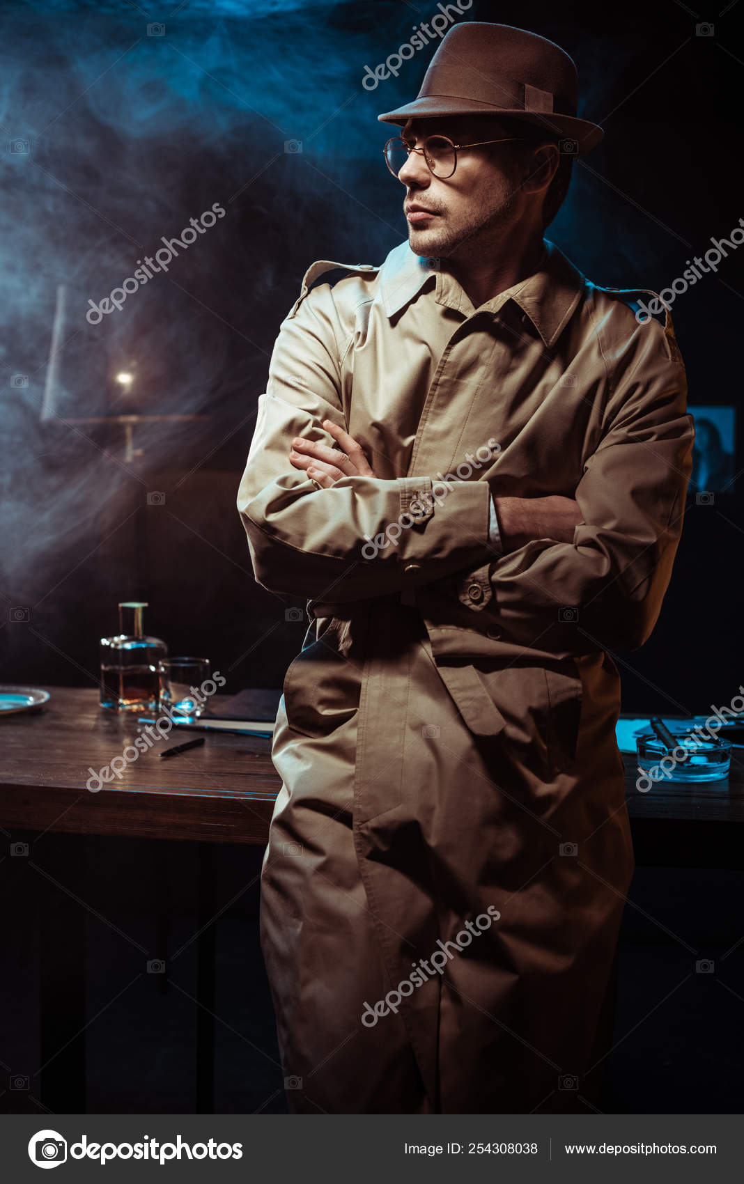 Detective Trench Coat Hat Standing Crossed Arms Office Stock Photo by ...