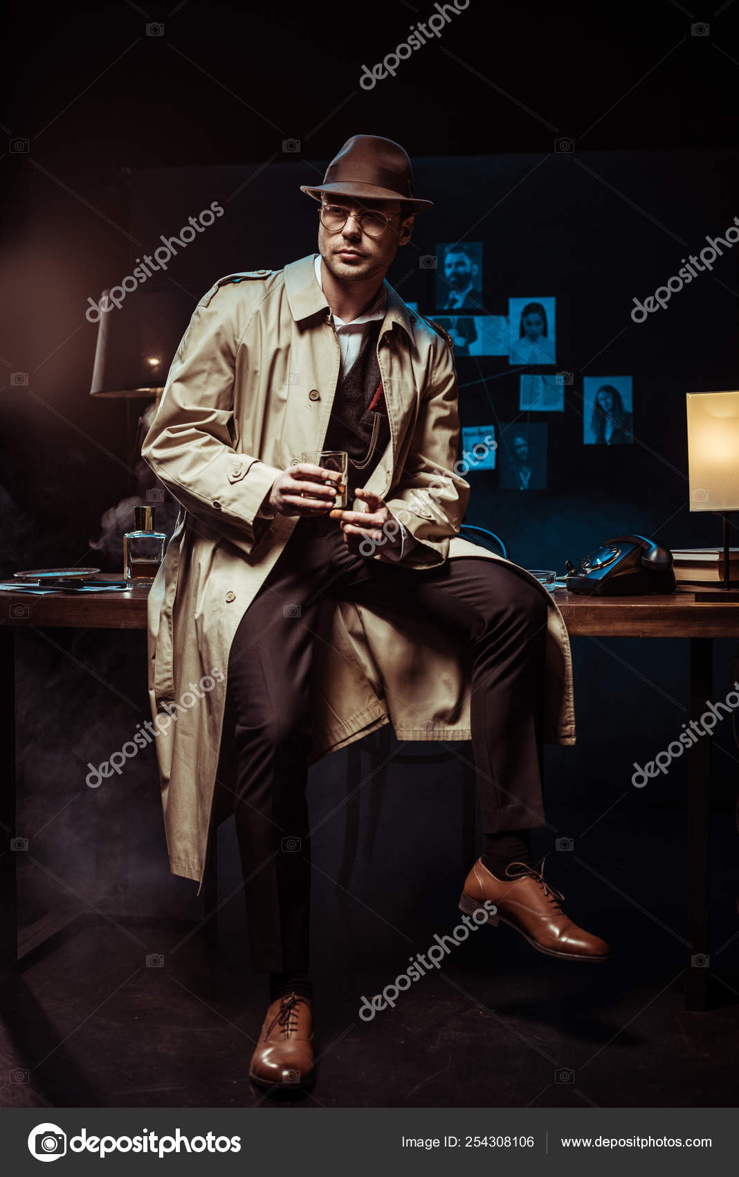trench coat and hat