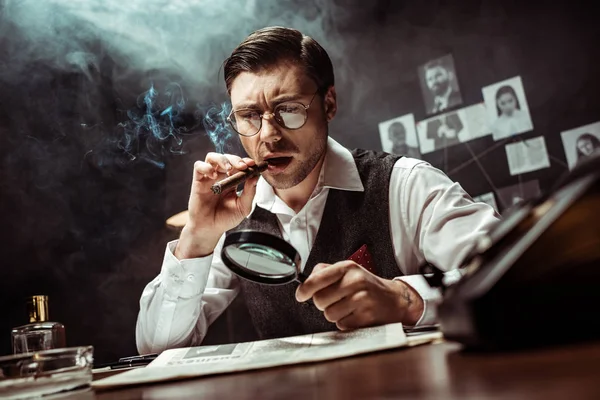 Detective Glasses Smoking Cigar Reading Newspaper Magnifier Office — Stock Photo, Image