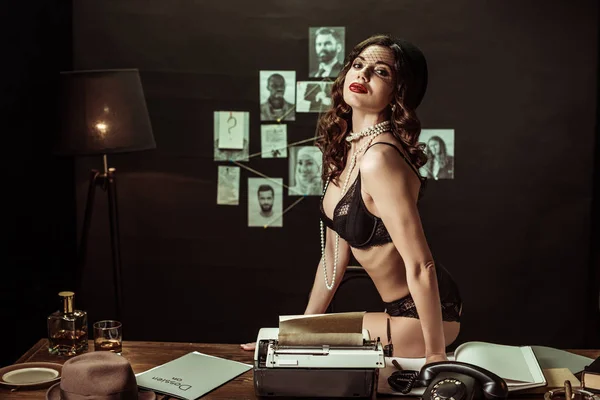 Sexy Woman Black Underwear Sitting Table Typewriter Office — Stock Photo, Image