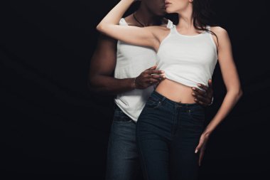 African American Man kırpılmış görünümü baştan çıkarıcı kadın gizli kopya alanı ile siyah izole