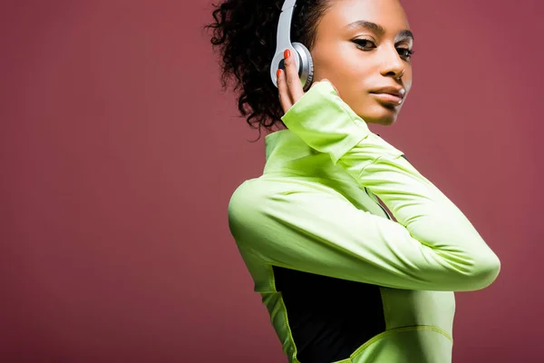 Attractive African American Sportswoman Headphones Looking Camera Isolated Brown Copy — Stock Photo, Image