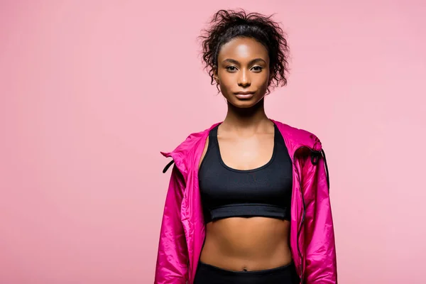 Confident Attractive African American Sportswoman Windbreaker Looking Camera Isolated Pink — Stock Photo, Image