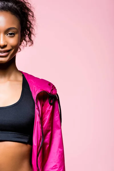 Partial View African American Sportswoman Windbreaker Posing Isolated Pink Copy — Stock Photo, Image