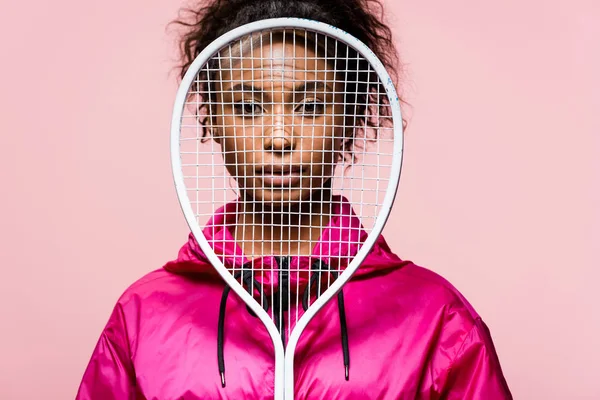 Beautiful African American Sportswoman Looking Camera While Covering Face Tennis — Stock Photo, Image