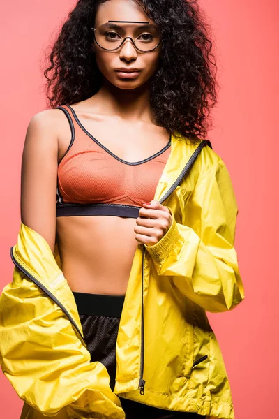 Beautiful African American Sportswoman Glasses Looking Camera Posing Isolated Coral — Stock Photo, Image