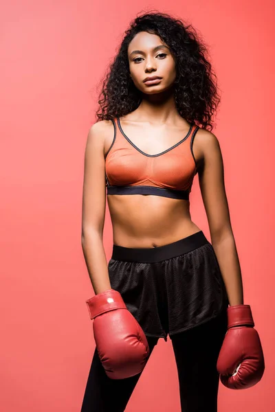 Beautiful African American Sportswoman Boxing Gloves Looking Camera Posing Isolated — Stock Photo, Image