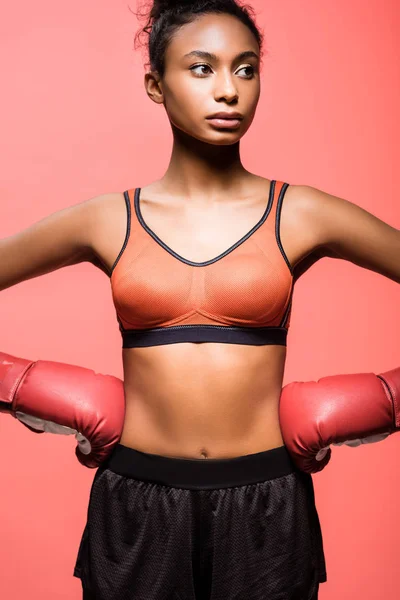 beautiful african american sportswoman in boxing gloves posing with hands akimbo isolated on coral