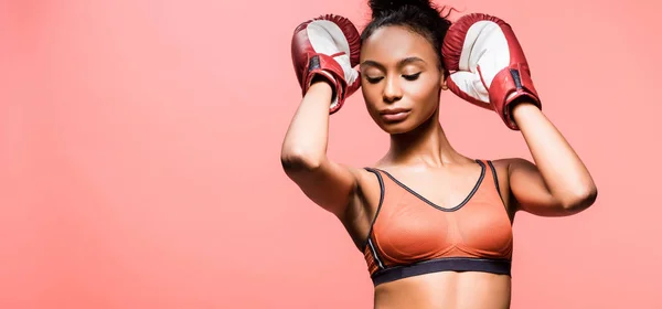 Panoramic Shot Beautiful African American Sportswoman Boxing Gloves Isolated Coral — Stock Photo, Image