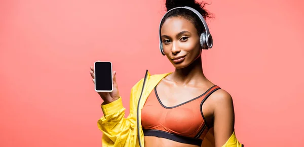 Panoramic Shot Beautiful African American Sportswoman Headphones Looking Camera Presenting — Stock Photo, Image