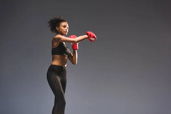 Beautiful Athletic African American Sportswoman Boxing Isolated Black Copy Space — Stock Photo, Image