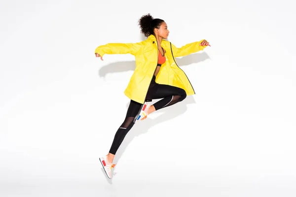 Side View Beautiful Athletic African American Sportswoman Jumping White Copy — Stock Photo, Image