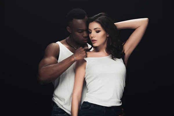 Handsome African American Man Undressing Beautiful Seductive Woman Isolated Black — Stock Photo, Image