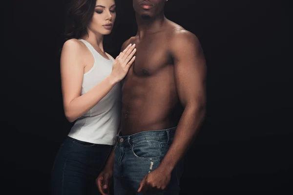 Shirtless African American Man Beautiful Seductive Woman Isolated Black — Stock Photo, Image