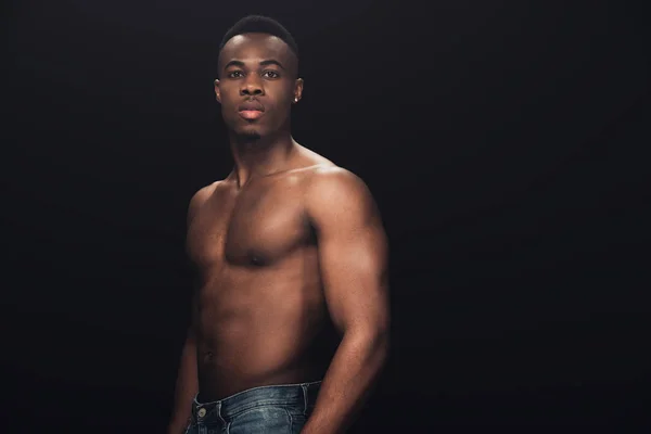 Handsome Shirtless African American Man Denim Looking Camera Isolated Black — Φωτογραφία Αρχείου