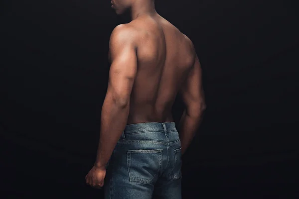 Back View Van Sexy Gespierde Afro Amerikaanse Man Denim Poseren — Stockfoto