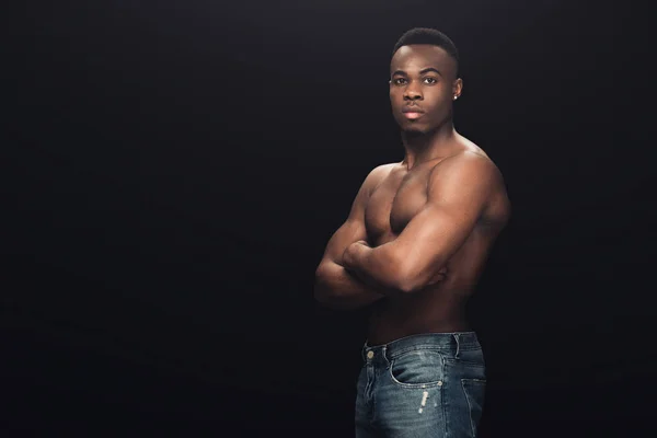 Sexy Muscular African American Man Denim Crossed Arms Looking Camera — Stock Photo, Image