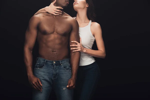 Cropped View Woman Embracing Shirtless African American Man Isolated Black — Stock Photo, Image