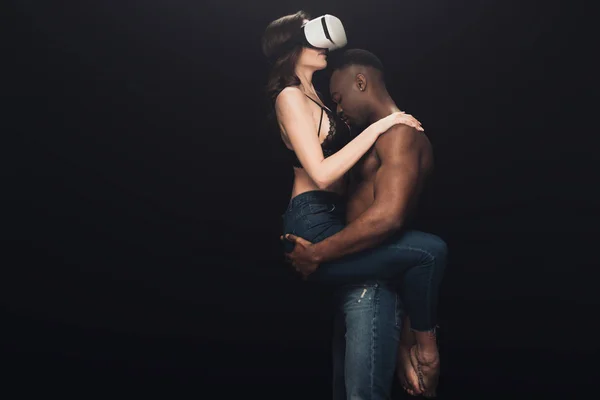 African American Man Hugging Sexy Woman Virtual Reality Headset Isolated — Stock Photo, Image