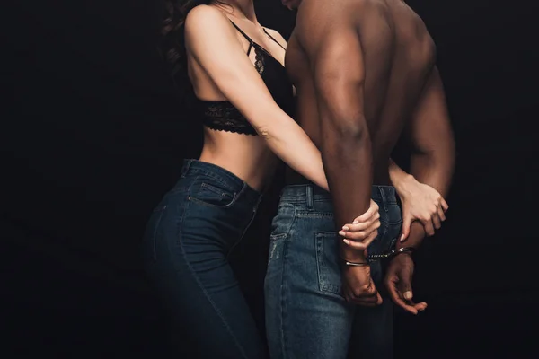 Partial View Sexy Woman Hugging Shirtless African American Man Handcuffs — Stock Photo, Image