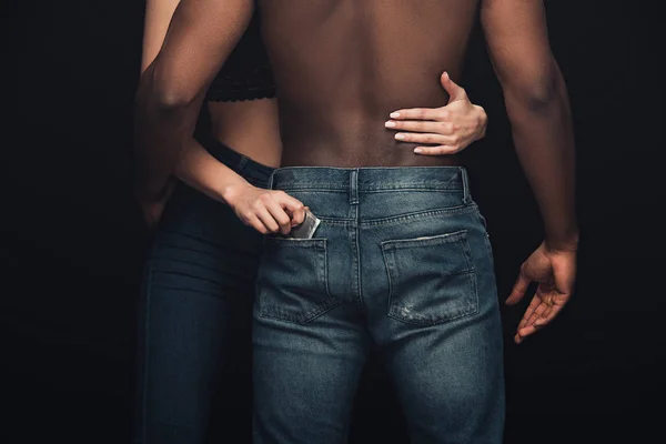 Cropped View Woman Embracing Shirtless African American Man Holding Condom — Stock Photo, Image