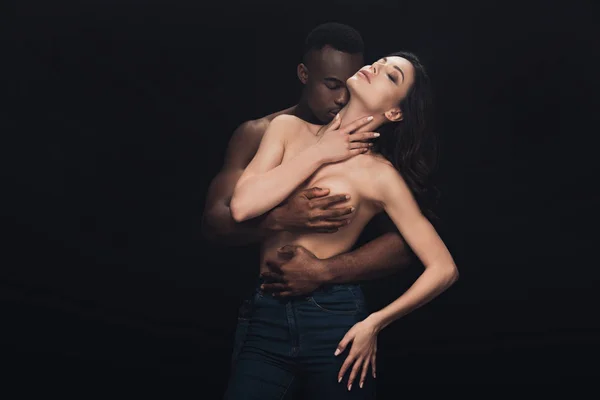 Beautiful Half Naked Interracial Couple Passionately Embracing Isolated Black Copy — Stock Photo, Image