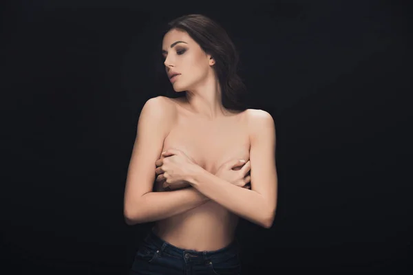 Beautiful Sensual Girl Covering Breasts Hands Posing Isolated Black — Stock Photo, Image