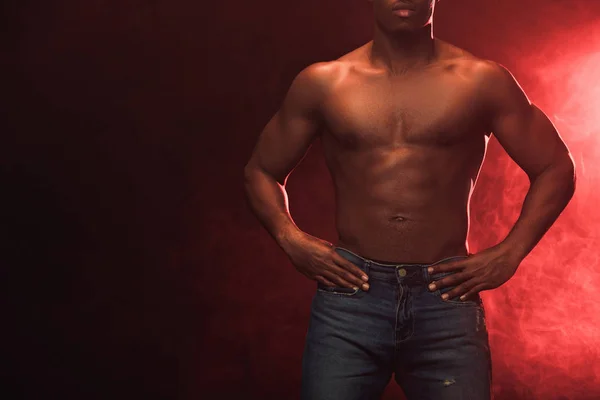 Cropped View Sexy Muscular African American Man Denim Posing Dark — Stock Photo, Image