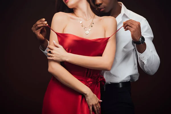 Partial View African American Man Undressing Woman Red Dress Isolated — Stock Photo, Image