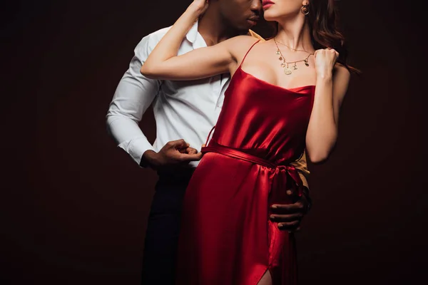 Partial View African American Man Embracing Woman Red Dress Isolated — Stock Photo, Image