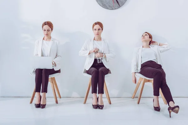 Collage Women Using Laptop Holding Bottle Water Sitting Chair — Stock Photo, Image