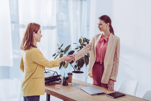 Empregado Alegre Recrutador Feminino Apertando Mãos Escritório Moderno — Fotografia de Stock