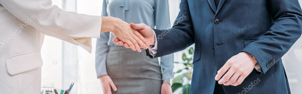 panoramic shot of recruiter shaking hands with employee near colleague 