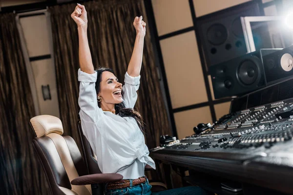 Happy Sound Producer Showing Success Gesture Mixing Console Recording Studio — Stock Photo, Image