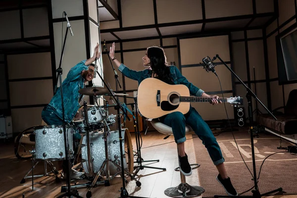 Young Inspired Multicultural Musicians Giving High Five Recording Studio — Stock Photo, Image