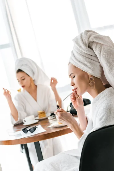 Selective Focus Stylish Woman Bathrobe Jewelry Towel Head Lighting Cigarette — Stock Photo, Image