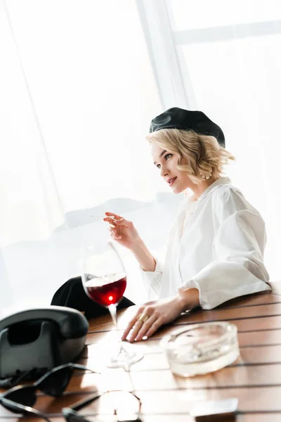 Elegant Dreamy Blonde Woman Black Beret White Shirt Smoking Cigarette — Stock Photo, Image