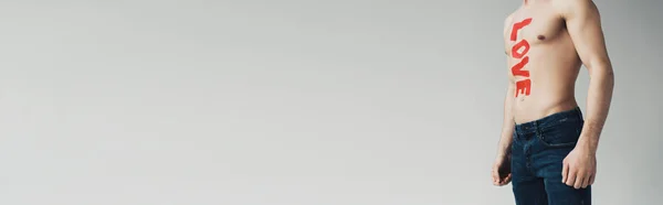 Панорамный Снимок Человека Рубашки Надписью Теле Изолированном Сером — стоковое фото