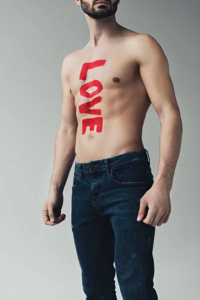 Cropped View Man Shirtless Man Inscription Body Isolated Grey — Stock Photo, Image
