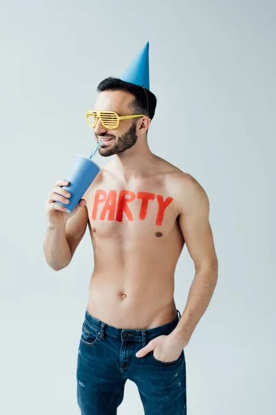 Shirtless Man Party Hat Inscription Body Drinking Beverage Isolated Grey — Stock Photo, Image