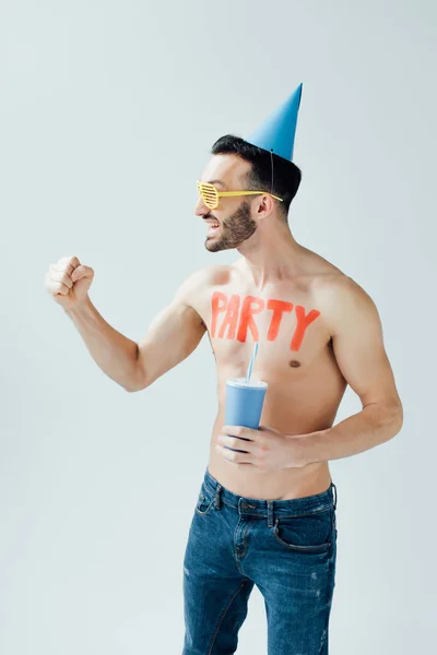 Shirtless Man Inscription Body Holding Beverage Showing Yes Gesture Isolated — Stock Photo, Image