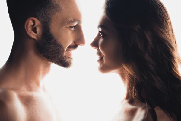 Side View Couple Looking Each Other Isolated White — Stock Photo, Image