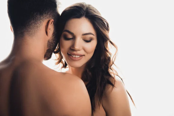 Sonriente Mujer Joven Desnuda Con Novio Aislado Blanco — Foto de Stock